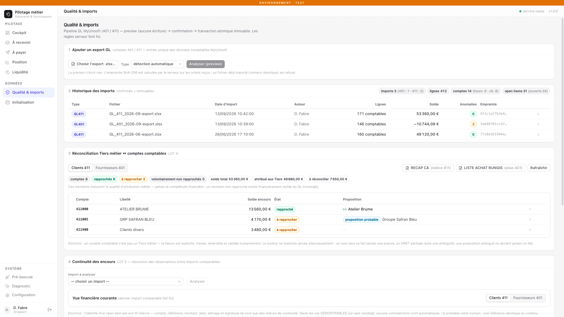 Espace « Qualité & imports » de l’application : import contrôlé des exports grand livre MyUnisoft, historique immuable des imports, réconciliation Tiers ↔ comptes comptables avec propositions expliquées et aucune fusion automatique (données de démonstration).