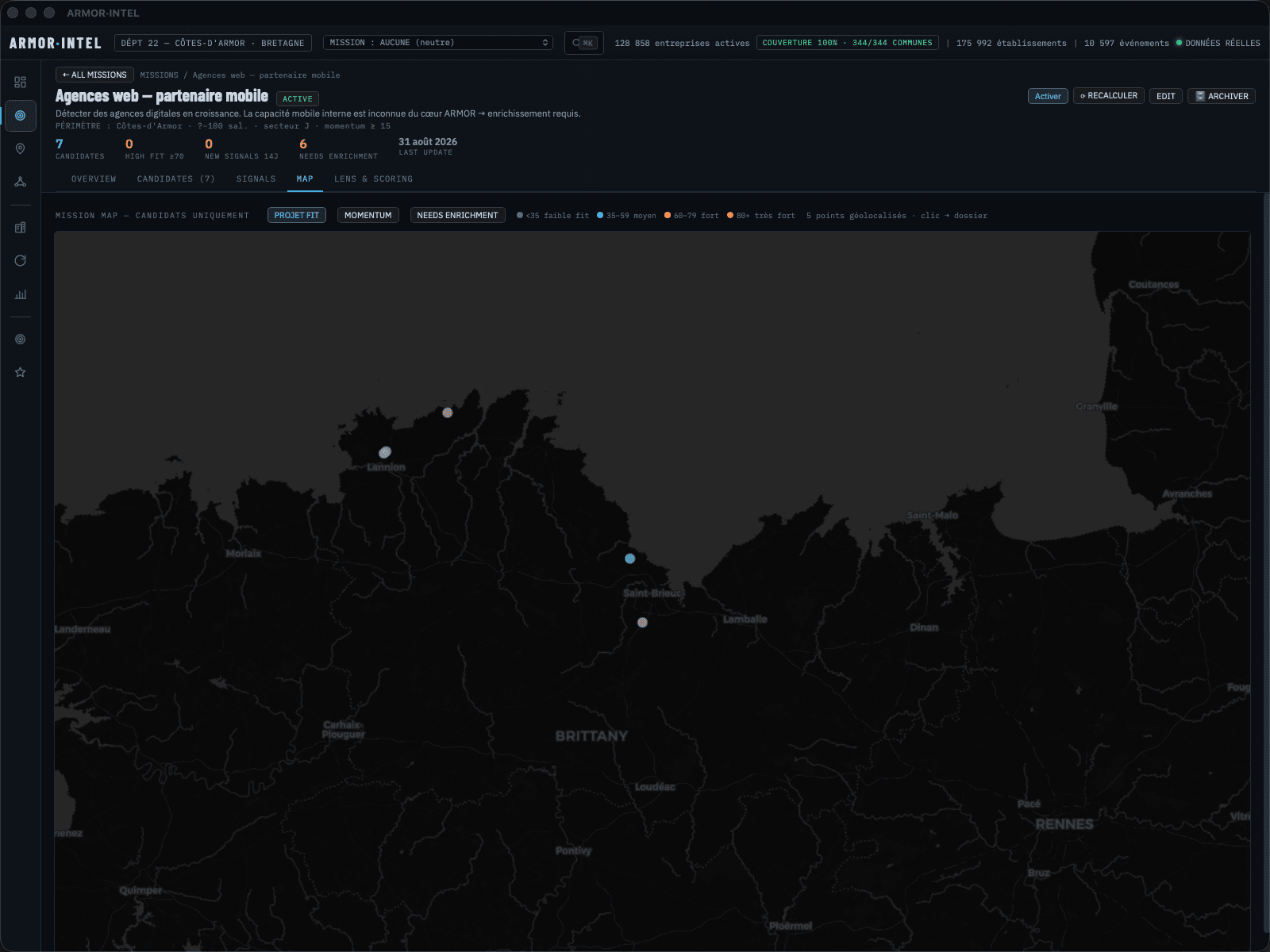Armor·Intel — carte géolocalisée des candidats sur les Côtes-d’Armor : 128 858 entreprises actives, 344 communes couvertes.